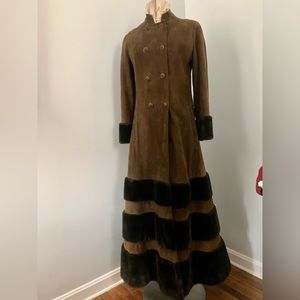 60s 70s MAXI COAT  Vintage Brown Suede Cossack Faux Fur Sz 4-6 ankle length